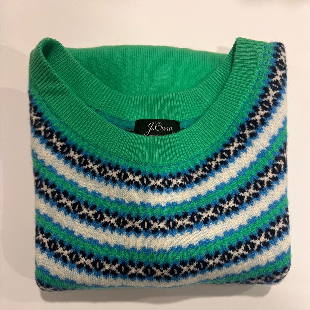 J. Crew Green Fair Isle Cashmere Crewneck Sweater